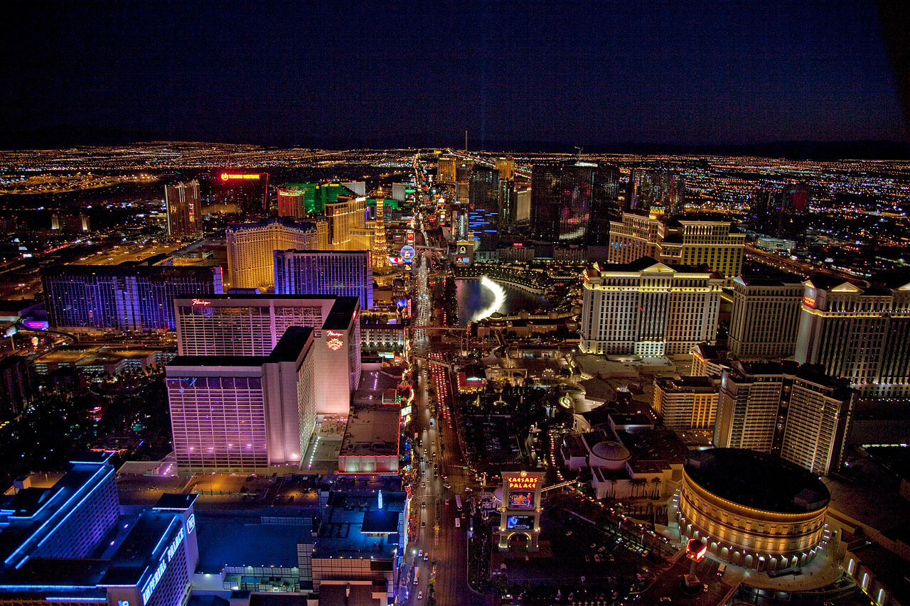 Las Vegas skyline at night from above the city