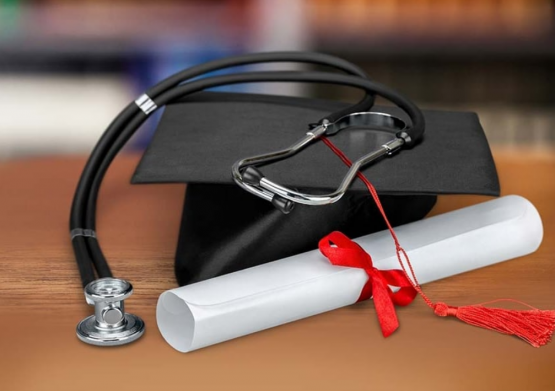 Graduation cap with diploma and stethoscope