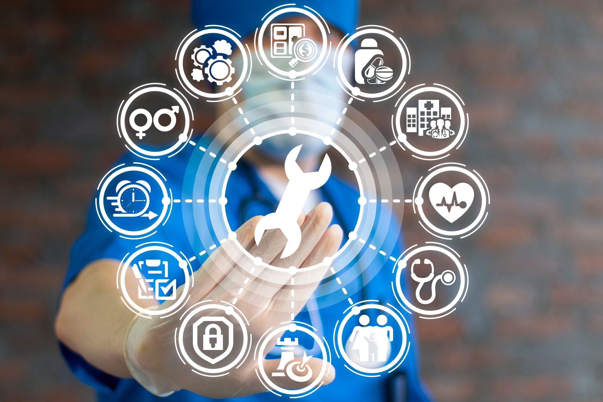 Healthcare worker touching medical symbols